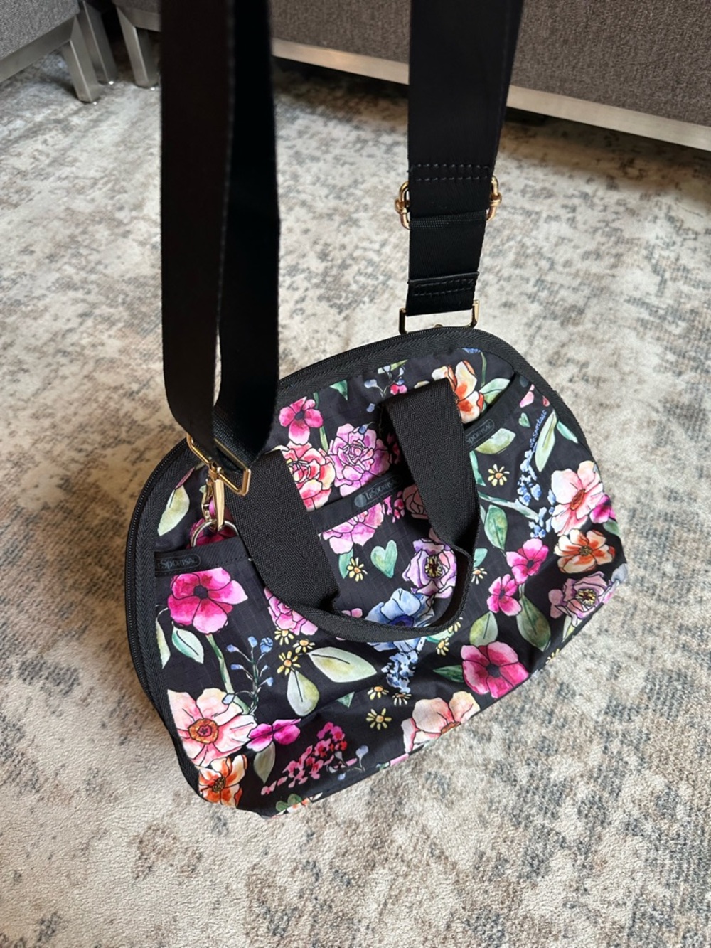 LeSportsac Floral Nylon Tote Crossbody Bag Black Multi Travel Everyday - Picture 4 of 9